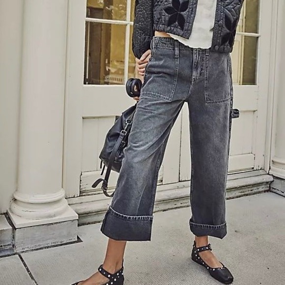 Free People Denim - Free People Carpenter Jeans Wide Leg Cropped Utility Faded Black Women 27 Grunge